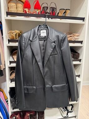 ZARA Black Faux Leather Blazer Jacket